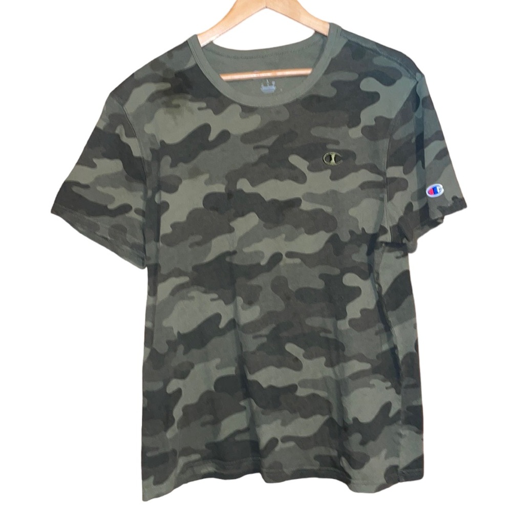 •CHAMPION•MENS GREEN CAMOUFLAGE SHORT SLEEVE CLASSIC LOGO TEE SIZE LARGE EUC